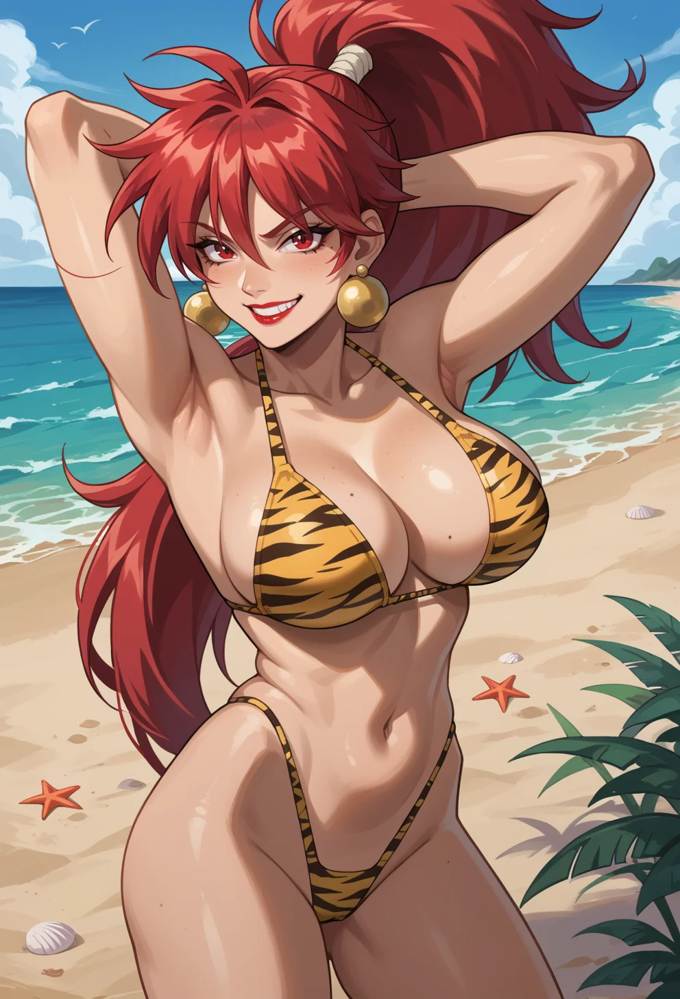 score_9, score_7_up, source_anime, BREAK <lora:AEBloodberry:0.8> AEBloodberry, red hair, red eyes, high ponytail, long hair, red lips, beach, sea, grin, tiger print, arms behind head, highleg bikini, string bikini,