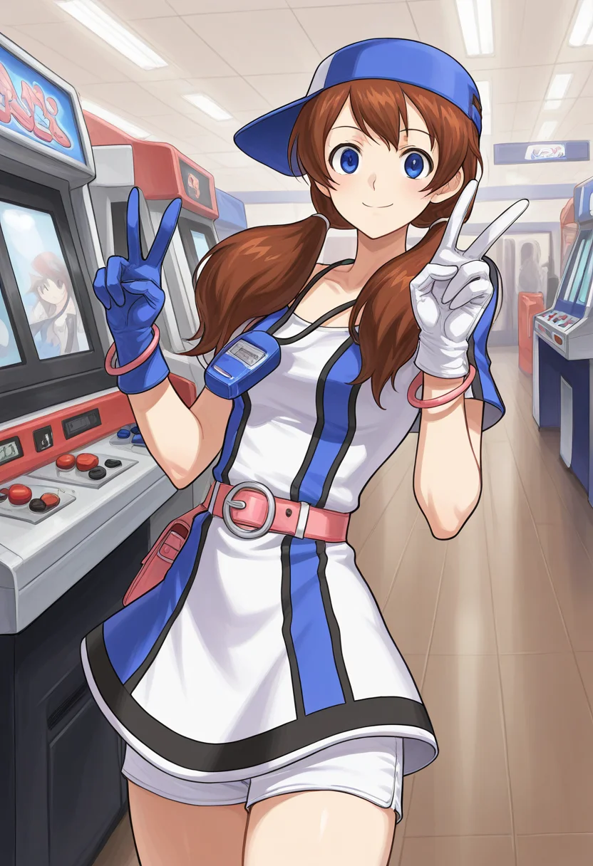 masterpiece, best quality, ultra-detailed, absurdres, newest, 1girl, solo, aingbc, brown hair, long hair, low twintails, blue eyes, baseball cap, multicolored dress, neo geo pocket color necklace, gloves, bracelet, belt, white shorts under dress, indoors, arcade, v, peace, smile,