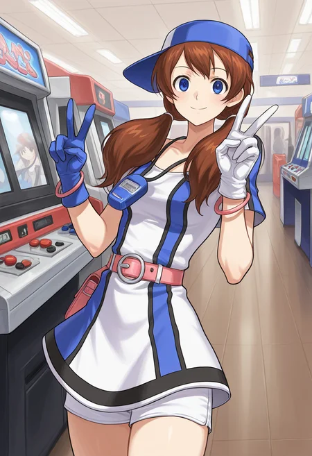masterpiece, best quality, ultra-detailed, absurdres, newest, 1girl, solo, aingbc, brown hair, long hair, low twintails, blue eyes, baseball cap, multicolored dress, neo geo pocket color necklace, gloves, bracelet, belt, white shorts under dress, indoors, arcade, v, peace, smile,