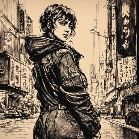 body drawing of a cyberpunk girl at midnight streets of tokyo in style of skrmk <lora:skrmk05:2.3>, dark theme (pen and ink:1.3), pen,ink, line art, cross hatching,, cinematic film still . shallow depth of field, vignette, highly detailed, high budget, bokeh, cinemascope, moody, epic, gorgeous, film grain, grainy, breathtaking . award-winning, professional, highly detailed