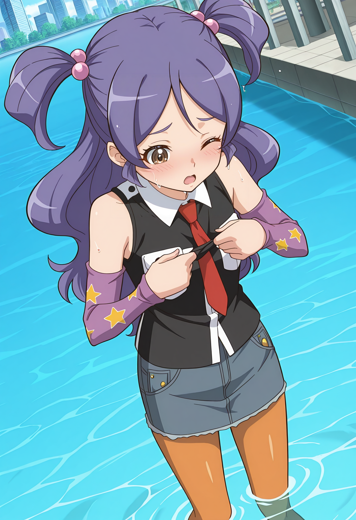 highres, best quality, masterpiece, outdoors, city,
anime screencap,
1girl, solo, drlhylg, purple hair, long hair, two-side up, hair bobbles, brown eyes,
black shirt, two-tone shirt, pockets, bare shoulders, red necktie, detached sleeves, purple sleeves, star print, denim skirt, orange pantyhose,
one eye closed, open mouth, looking down, blush,
wading, hands up, water, soaking, pulling own clothes, from above, dutch angle, wet, 
<lora:_hu_yuling_dragon_lancer-elesico-ilxl:0.9>