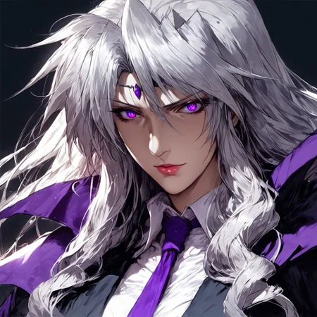 score_9, score_8_up, score_7_up, masterpiece, very high quality, precia testarossa, long hair, white shirt, necktie, middle aged woman, milf, regal, solo, 1girl, epiCPhoto, tall woman, blank background, BadDream, upper body, epic, purple eyes