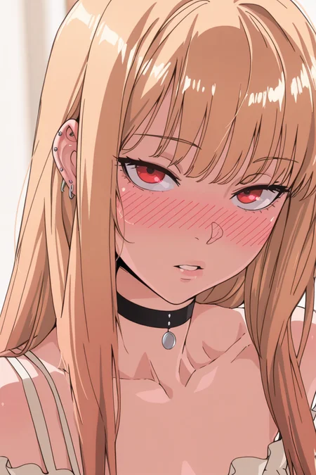 masterpiece, best quality, amazing quality,
<lora:Kokoboro_IL:1> kokoborohen, 1girl, blush, choker, piercing, solo, long hair, blonde hair, ear piercing, looking at viewer, parted lips, black choker, bangs, red eyes, casual dress, jewelry, portrait