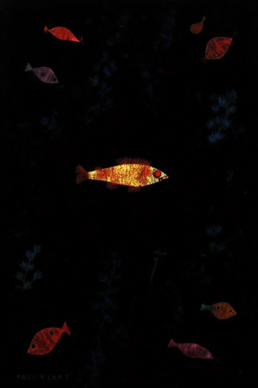 paulklee1 painting.
An underwater scene with a glowing fish swimming in a dark sea. There are water plants scattered around.
<lora:paulklee1_cap_d8a4e12:1.0><lora:839873072535373246:0>