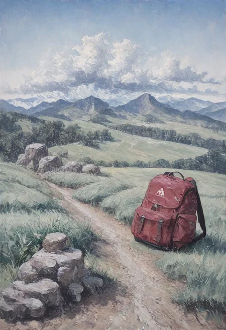 ArsMJStyle, Impressionism, masterpiece, high_quality, highres, best_quality, amazing_quality, very_aesthetic, oil painting, bold brushstrokes, no people, landscape, mountain vegetation, mountain grass, mountain trail, backpack on rock, red mountaineering backpack, mountainside, incline, scenic, scenery, serene, nature, natural beauty, blue_hour, soft light, high clouds, dynamic angle