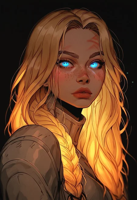 score_9, score_8_up, score_7_up, female, dwarf, freckles, light blonde hair, big braids, buff, beefy, thicc, stout, paladin armor, rings in her hair, deep claw marks, surrounded in holy light, hopeful look, depth of field, raw, bokeh effect, close up shot, dark blue eyes, glowing eyes, side view,
g4n1m3, g0thicPXL, glowing, neon, c0l0urgl0w