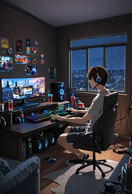 Highres, Masterpiece, High Quality, 4K, 8K, solo, 1Boy, Seiya Kanie, short dark brown hair, golden eyes, bed room, game room, comfortable, dark walls, RGB lights, quiet, window, night view, keyboard, pc, mouse, laptop, mattress, headset, speakers, stickers, soda drinks, snacks, easynegative, detailed_eye_model