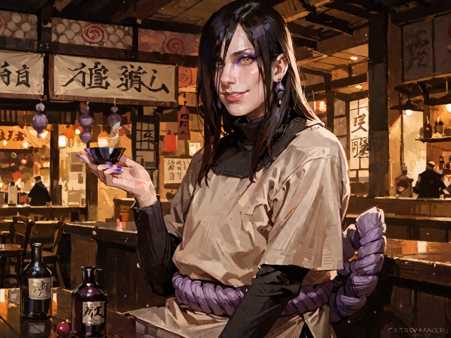 <lora:NarutoConceptStyle:0.8>,  <lora:OrochimaruV1:0.8>, adult man, oroch1maru, yellow eyes, slit pupils, black hair, long hair, purple eyeliner, hair over one eye, pale skin, tan tunic, long sleeves, purple rope belt, purple nails, earrings, sitting, japanese village, japanese bar, sake bottle, indoors, solo, ninja, asian architecture, medieval, upper body, evil smile, <lora:AlexanderMandradjiev:0.8>, zPDXL3, score_9, score_8_up, score_7_up, score_6_up, score_5_up, score_4_up, realistic, real, hyper realistic, (source_real:1.3)