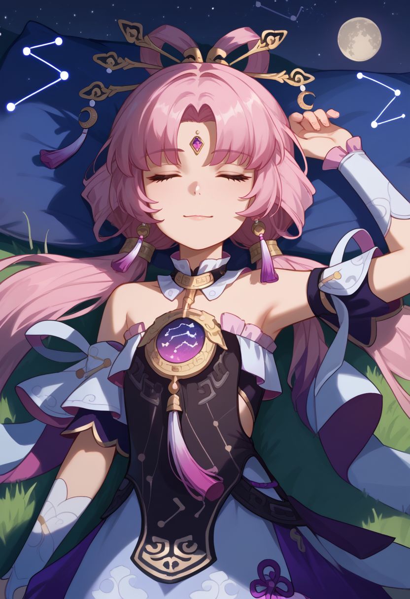 score_9, score_8_up, score_7_up, source_anime, 1girl, fuxuandef, closed eyes, pink hair, long hair, low twintails, bow-shaped hair, parted bangs, forehead jewel, hair stick, hair ornament, earrings, jewelry, bare shoulders, detached sleeves, dress, tassel, bridal gauntlets, white pantyhose, constellation print, (lying, on back), on grass, sleeping, smile, arm up, pillow, looking up, outdoors, sky, star (sky), moon, night, close-up, facing viewer, upper body, from above, mountain in the background, <lora:Fu_Xuan_v1-000010:1>