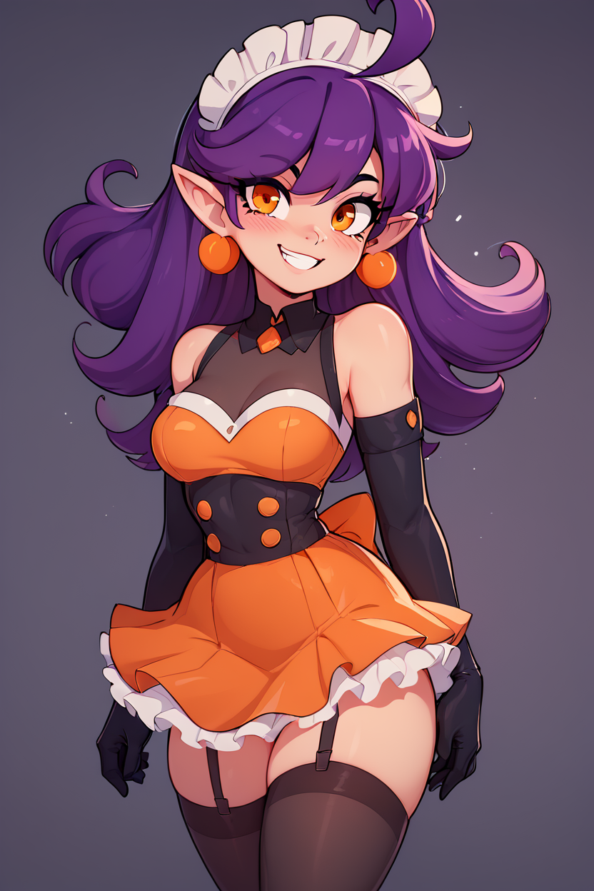 score_9, score_8_up, score_8, medium breasts,(curvy), cute, eyelashes,       BREAK, , ,,, StardustPumpkinsCitronOC, solo, long purple hair, orange eyes, ahoge, pointy ears, orange dress, elbow gloves, bare shoulders, maid headdress, jewelry, earrings, <lora:StardustPumpkins_CitronOC_PDXL_v1:0.8> ,,, <lora:Afrobull_PDXL_v5:0.8>,  ,,,, BREAK, smile, looking at viewer, hip to the side, contrapposto, embedding:zPDXL, Expressiveh, <lora:SDXLFaeTastic2400:0.5>, <lora:Expressive_H-000001:0.4>,