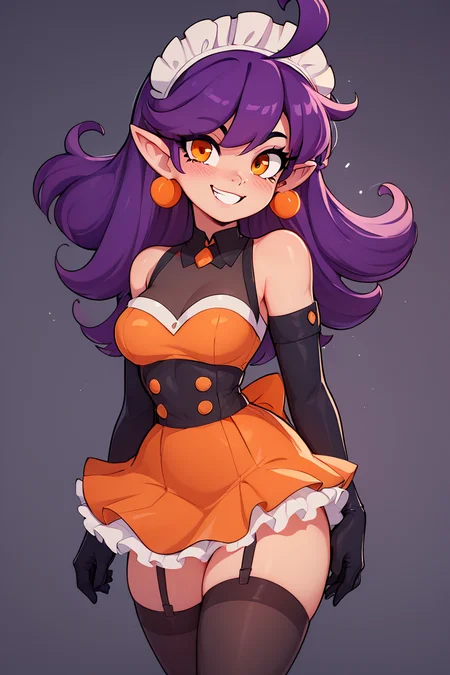 score_9, score_8_up, score_8, medium breasts,(curvy), cute, eyelashes, BREAK, , ,,, StardustPumpkinsCitronOC, solo, long purple hair, orange eyes, ahoge, pointy ears, orange dress, elbow gloves, bare shoulders, maid headdress, jewelry, earrings, <lora:StardustPumpkins_CitronOC_PDXL_v1:0.8> ,,, <lora:Afrobull_PDXL_v5:0.8>, ,,,, BREAK, smile, looking at viewer, hip to the side, contrapposto, embedding:zPDXL, Expressiveh, <lora:SDXLFaeTastic2400:0.5>, <lora:Expressive_H-000001:0.4>,