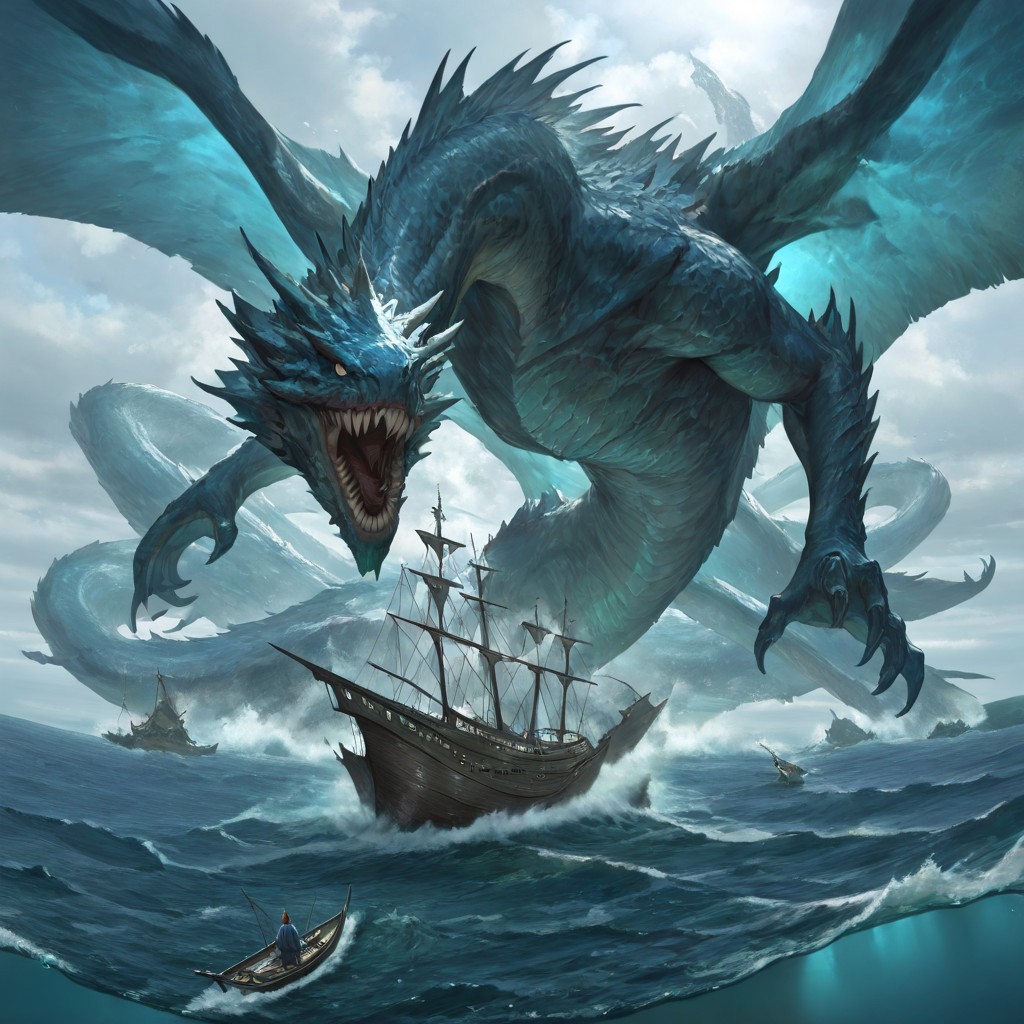 masterpiece, best quality, newest, absurdres, highres, AQDRV1.0, dragon, ocean, wings, teeth, sharp teeth, monster, giant, sea, ship, battle,