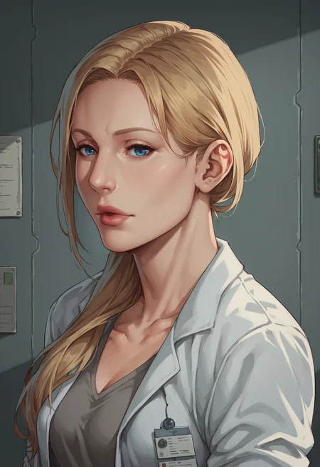 score_9, score_8_up, score_8, source_anime, 1girl, <lora:AnnetteBirkin:0.9> solo, medium breasts, long hair, hair over shoulder, blonde hair, blue eyes, lips, labcoat, looking at viewer, portrait,
laboratory background,