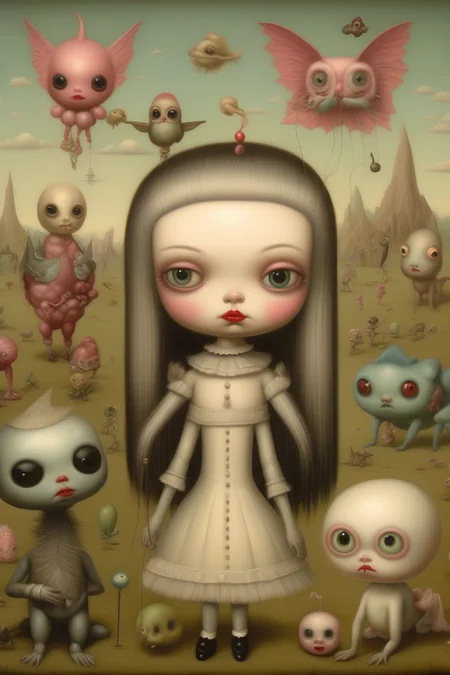 <lora:Mark Ryden Style:1>Mark Ryden Style - A whimsical, slightly eerie scene in the Pop Surrealism style of Mark Ryden, featuring fantastical creatures and dreamlike imagery.