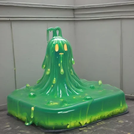 green slime, image of a big sign that say civitbot is you know what , civitai do their userbase badly and with more rainbow  , and more glowing gold slime  everywhere woo