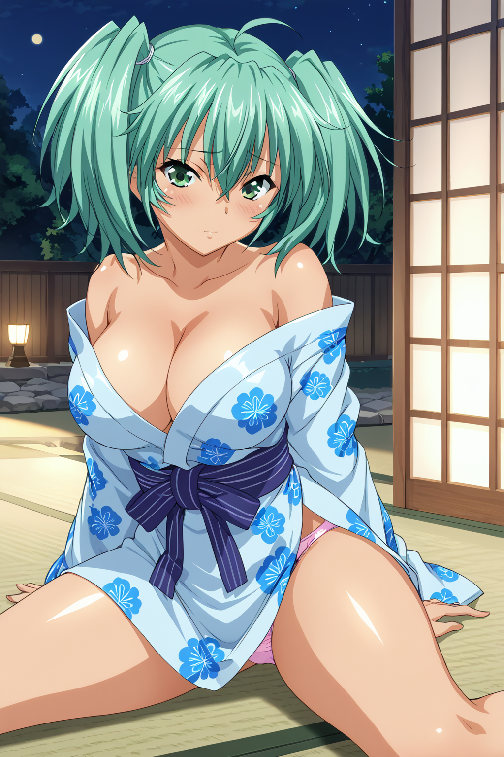 score_9, score_8_up, score_7_up, BREAK source_anime, masterpiece, anime screencap, shiny skin,1girl, ryofu, short twintails, hair between eyes, ahoge, green hair, green eyes, large breasts,  <lora:ryofu_pony:1>
yukata, patterned clothing ,cleavage, bare shoulder, bare legs, 
tatami, night, sitting, blush, panties,