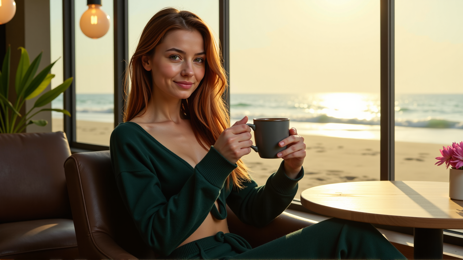 sci-fi style a slim elegant woman sitting in a cafe holding a large mug of coffee in her hands
she has a heavy lower lip a square chin and hollow cheeks, she appears to be 30 years old
her eyes are an intense green colour and her long flowing hair is a (brilliant auburn colour:1.2)
she's looking at the viewer across a low table, on the table is a saucer for the mug, she's sitting in a large comfy chair with her feet tucked up beside her
she's  a dark green (cropped:1.3) woolen jumper with a low neckline and  long baggy sleeves, the top is tied in a knot at the front
she looks very relaxed and happy, her eyes glitter,
outside the cafe window you can see a beach with the sun glittering off the sea low in the sky casting golden light in the window . futuristic, technological, alien worlds, space themes, advanced civilizations, score_9, score_8_up, score_7_up, hyperdetailed, hyperrealistic,  best quality, (masterpiece:1.3),high-definition, intricate details, volumetric lighting, symmetrical face, level eyes,