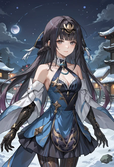 score_9, score_7_up, source_anime, BREAK <lora:Qu-Shukra:0.8> Shukra, gray eyes, multicolored hair, black hair, lavender hair, mole under mouth, headgear,  mechanical arm,
night sky, snow,, hair ribbon, frilled choker, criss-cross halter, sleeveless dress, high-waist skirt, backless dress, layered dress, blue dress, waist blue bow, detached sleeves, frilled sleeves, wide sleeves, blue sleeves, black pantyhose, patterned legwear, pinstripe pantyhose, mary janes,