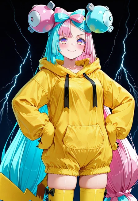 masterpiece, best quality, newest, absurdres, highres, anime,
zzIono, solo, 1girl, long hair, pink eyes, blue hair, pink hair, light blue hair, multicolored hair, bow-shaped hair,
blush, smile,
hands on hip,
pikachu tail, hood, hood down, onesie, yellow thighhighs, animal hands, long sleeves,
mad-lgthng, lightning,