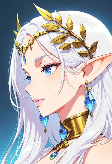 A stunning silver-haired female elf with striking blue eyes, elegantly adorned with a golden laurel headpiece, intricate gemstone jewelry, and a finely crafted choker. She has delicate, ethereal features and a serene expression, embodying grace and mystique. Her long, flowing hair frames her face, her lips are gorgeous luscious and glossy, pink lips, and her pointed ears are adorned with gold and blue crystal earrings. The background is a soft, pure white with gentle green leaves floating around, adding a sense of natural harmony. Rendered in a high-quality anime art style with fine details, soft shading, and a refined color palette, the portrait captures an enchanting fantasy aesthetic in a close-up, side-profile composition.