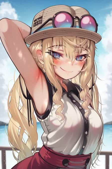 masterpiece, best quality, amazing quality, 
<lora:Torriet_IL:1> torriet, 1girl, solo, skirt, long hair, blue eyes, hat, armpits, eyewear on headwear, sleeveless, shirt, smile, blush, sleeveless shirt, sunglasses, red skirt, blonde hair, looking at viewer