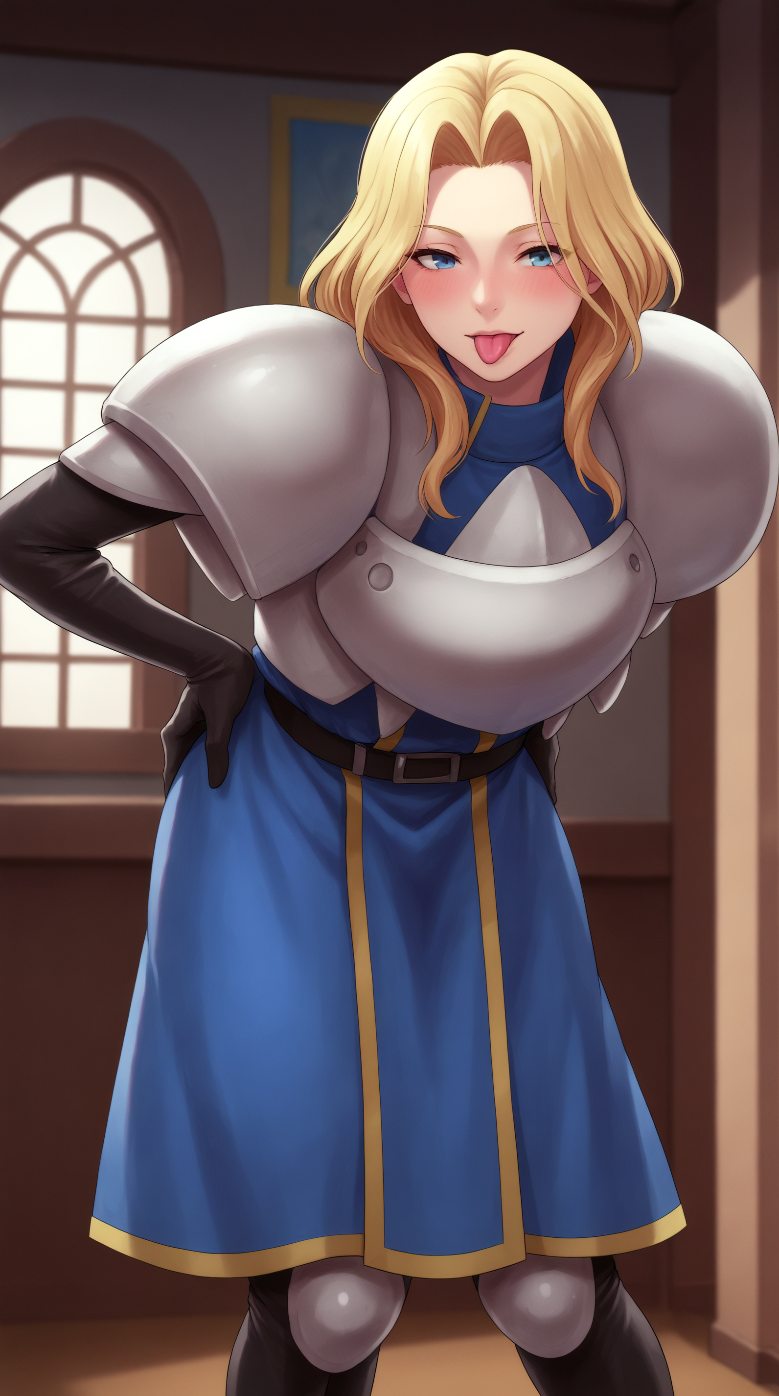 score_9, score_8_up, score_7_up, best background, detailed background, 4k, upscale, anime_source  Charlotte Christine, Main Outfit, solo, hands on hips, bent over, tongue out, blush, horny, indoors,  <lora:JN_Charlotte_Christine_Pony:0.8>