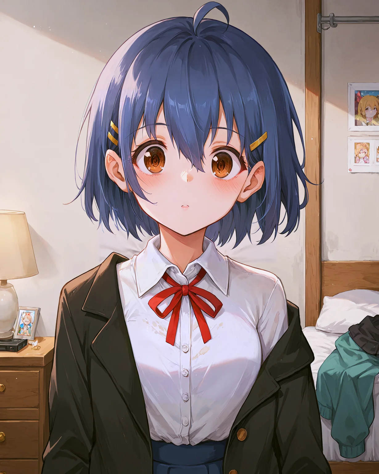 <lora:HAnime_Suzu_XL:0.7> suzu, brown eyes, blue hair, hair between eyes, bangs, ahoge, short hair, hair ornament, hairclip, ribbon, neck ribbon, red ribbon, school uniform, shirt, white shirt, collared shirt, jacket, black jacket, sleeves past wrists, skirt, blue skirt, upper body,, <lora:9_Detail_Tweaker_XL:0.8>, score_9, score_8_up, score_7_up, source_anime, masterpiece, best quality, highly detailed background, cinematic lighting, detailed eyes, perfect face,, lazy, teenager room, messy, bedroom, bed sheet, closet,