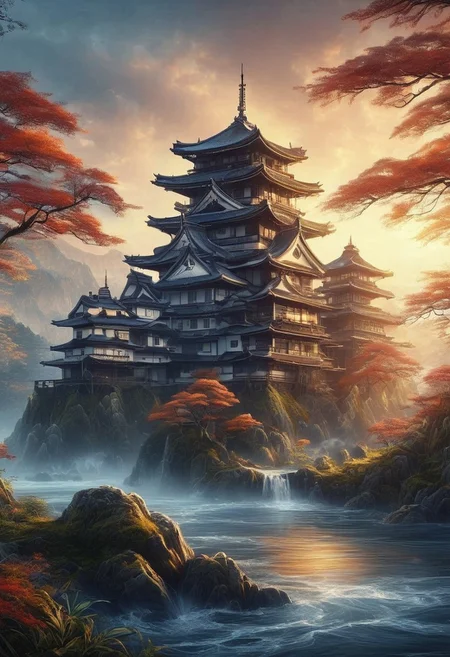 a japanese castle from the edo period in front of the sunset style of Akihiko Yoshida, Cyberspace, glowing magical energy in cyberspace