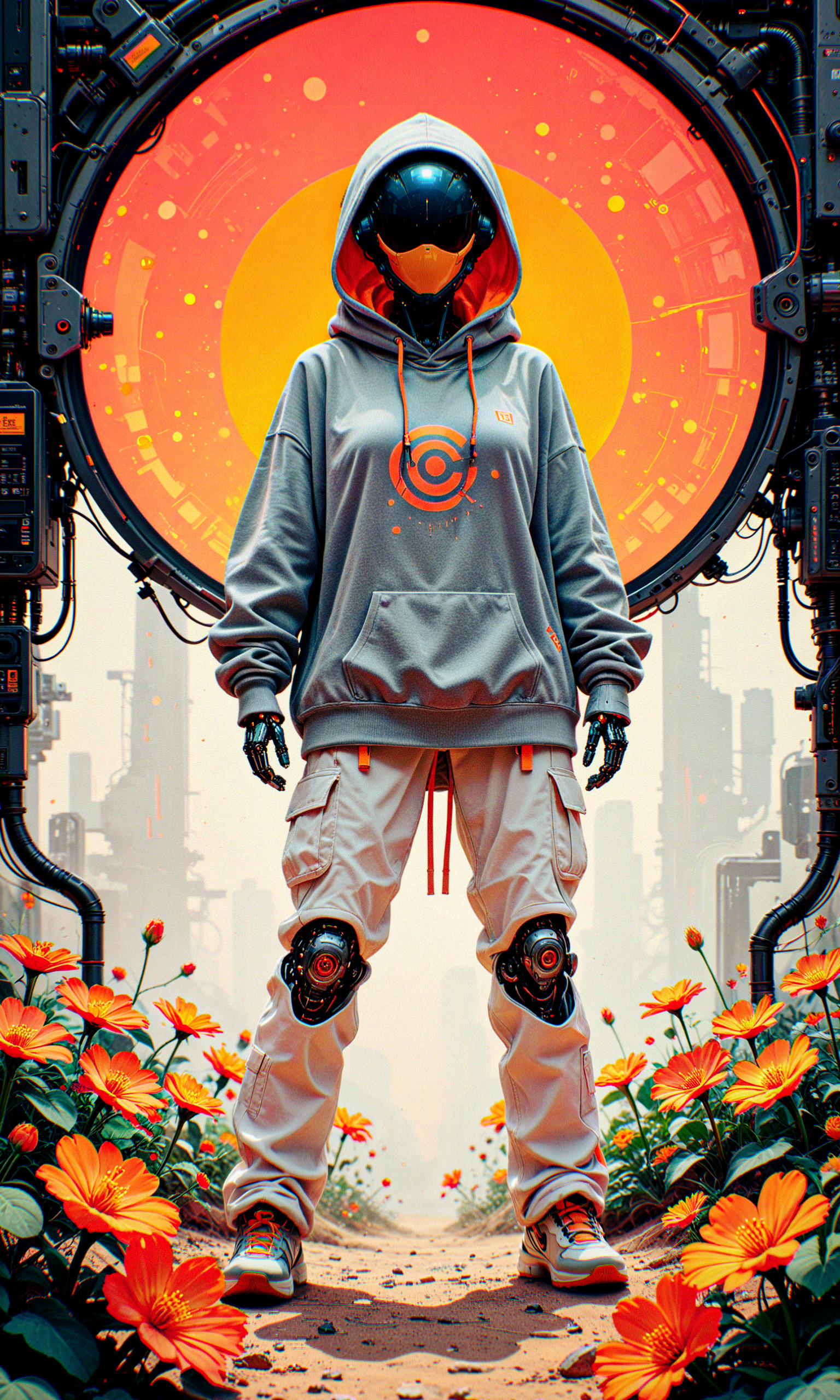 masterpiece, best quality, amazing quality, very aesthetic, absurdres, newest
stylized anime illustration, high-detail digital painting
humanoid robot, computer monitor for a head, oversized gray hoodie, white cargo pants, vibrant orange flower, dynamic pose, hips slightly turned
blend of organic and mechanical elements, delicate pose, intricate wiring, soft fabric folds, warm color palette, contrast between technology and nature
solid backdrop, minimalistic composition, dappled light, subtle shadows, clean and modern
in the style of cksc, in the style of cknc, in the style of ck-rw <lora:reij-detaILer v2:0.4> <lora:spo_sdxl_10ep_4k-data_lora_webui:0.8> <lora:ck-shadow-circuit-IL-000012:0.5> <lora:ck-nc-cyberpunk-IL-000011:0.4> <lora:ck-neon-retrowave-IL-000012:0.3>