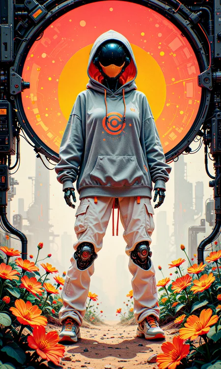 masterpiece, best quality, amazing quality, very aesthetic, absurdres, newest
stylized anime illustration, high-detail digital painting
humanoid robot, computer monitor for a head, oversized gray hoodie, white cargo pants, vibrant orange flower, dynamic pose, hips slightly turned
blend of organic and mechanical elements, delicate pose, intricate wiring, soft fabric folds, warm color palette, contrast between technology and nature
solid backdrop, minimalistic composition, dappled light, subtle shadows, clean and modern
in the style of cksc, in the style of cknc, in the style of ck-rw <lora:reij-detaILer v2:0.4> <lora:spo_sdxl_10ep_4k-data_lora_webui:0.8> <lora:ck-shadow-circuit-IL-000012:0.5> <lora:ck-nc-cyberpunk-IL-000011:0.4> <lora:ck-neon-retrowave-IL-000012:0.3>