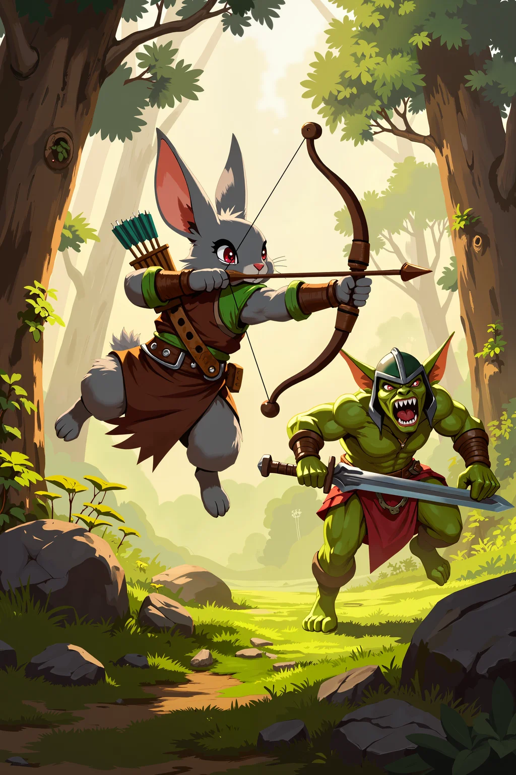 an action scene in a forest setting. The foreground features a small, anthropomorphic rabbit with gray fur and large, expressive ears. The rabbit is in mid-air, appearing to be in a dramatic, dynamic pose, with its right arm raised and a bow drawn, ready to shoot an arrow. The rabbit is dressed in a brown leather outfit with green accents, including a quiver on its back filled with arrows. It also wears a red loincloth and a decorative belt with a small pouch and a wooden ornament.In the background, slightly to the right, a muscular anthropomorphic green goblin with a large, broadsword is charging towards the rabbit. The goblin has a fierce expression with sharp teeth visible in its open mouth. The goblin is also dressed in a red loincloth and wears a green helmet. The forest setting is lush with tall trees and dense foliage. The ground is covered in green moss and grass, and there are rocks and bushes scattered around. The lighting is soft, with a warm, golden hue filtering through the trees, creating a mystical atmosphere. The overall tone of the image is intense and action-packed, capturing a moment of conflict between the characters. , detailed background Fantastic lighting. Detailed shadows.intricate details, vivid colors, hyper-detailed, ultra-sharp, , <lora:XRSTYLE_FLUX:0.5><lora:RetroAnimeFluxV1:0.4><lora:MoriiMee_Gothic_Niji_Style_FLUX:0.3>