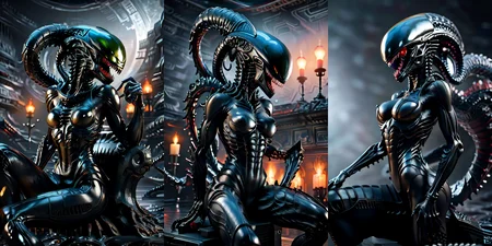 (otherworldly), highly insanely detailed, masterpiece, top quality, best quality, highres, 4k, 8k, RAW photo, (very aesthetic, beautiful and aesthetic), 
__lazy-wildcards/cosplay-char/alien-predator/xenomorph/prompts__, 
<lora:FemXeno:0.8>, 
(1girl:1.3), eyes focus, 
__lazy-wildcards/dataset/background__,âââ