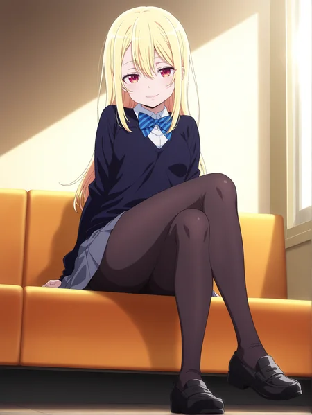 best quality,amazing quality,<lora:Lily Amane:1>,lily amane,seductive smile,full body,school uniform,pantyhose,crossed legs,