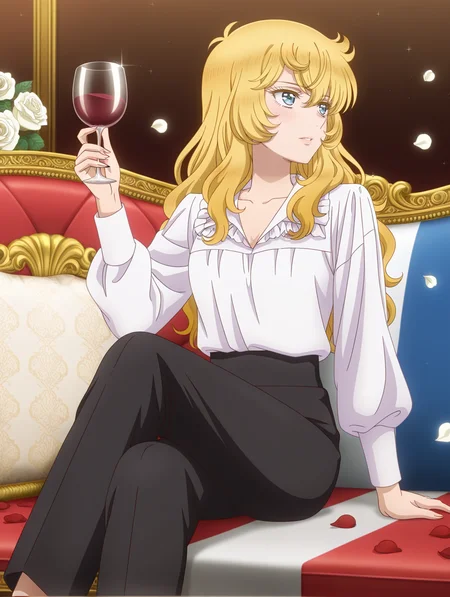 official tv style,anime coloring,1girl, oscar francois de jarjayes, solo, white rose, holding white rose, sitting, wine glass, holding wine glass, official alternate costume, wine, white petals, french flag, looking to the side, french flag couch, looking away, rose petals, white frilled shirt, black capri pants
masterpiece,best quality,amazing quality,very aesthetic,absurdres,newest,<lora:oscar_francois_de_jarjayes illusXL v1:0.72>,