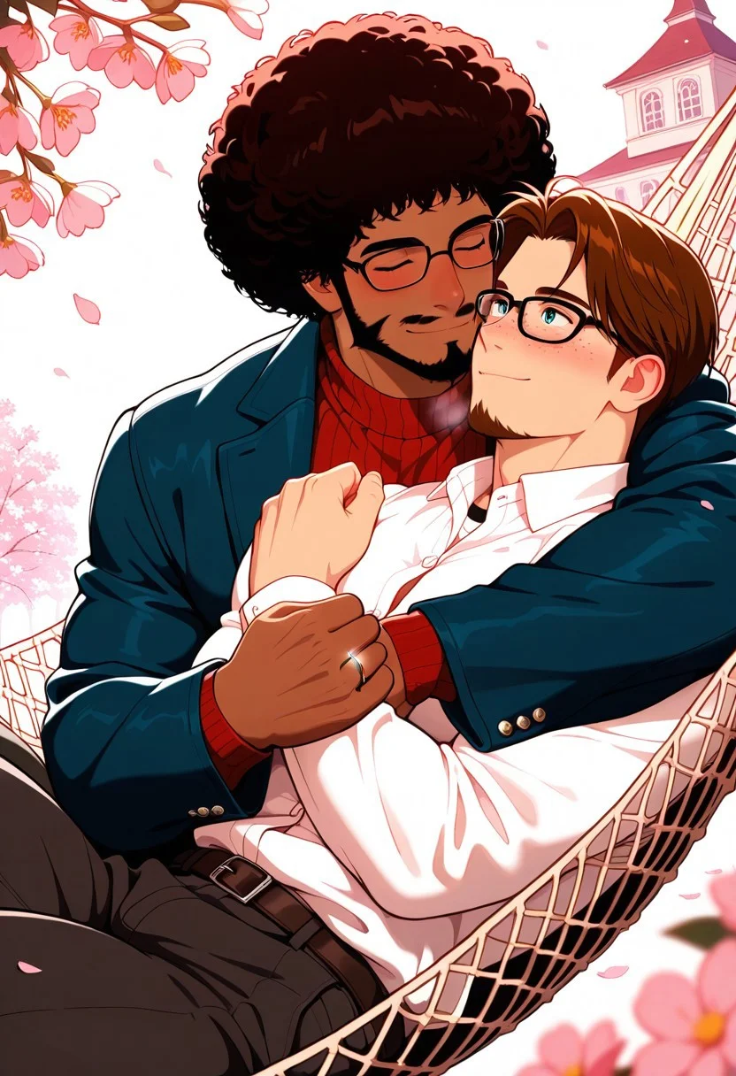 ((Expressiveh) (fcHeatPortrait) (spring background, mansion, backyard, outside, , clear skies, daytime) (masterpiece, best quality, cinematic lighting, depth of field, best shadows, detailed textures),  (dutch angle)
 (2boys),   afro, dark red hair, dark red facial hair, long goatee, mustache, napping, closed eyes,smile, blanket, button up undershirt, brown eyes, , in love, green eyes,  yaoi, gay, bara,  jacket,  breathing, blushing,  wedding ring,l, button up shirt, looking at each other,  interracial, head tilt, cuddling, happy, affectionate gesture, laying on hammock,, engagement ring, fair skin, ,   athletic, , sweater, freckles, glasses,   pants,  Romantic,   Spring, in private, ,brown hair, beard, blue eyes, glasses, size difference, rich man,