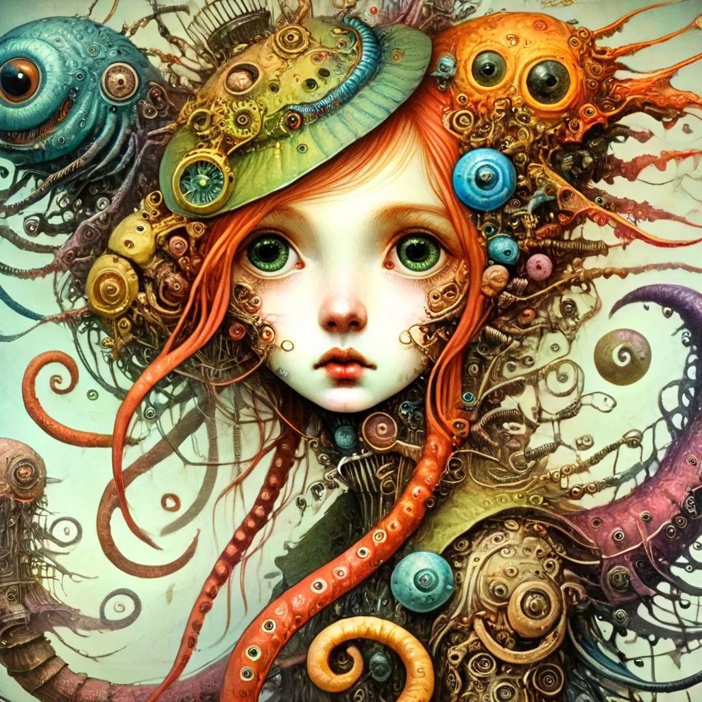 fantoria girl and creatures with tentacles, colorful<lora:fantoria:1>