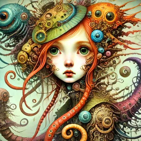 fantoria girl and creatures with tentacles, colorful<lora:fantoria:1>