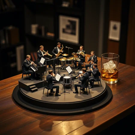 A miniature diorama of a big band playing on a stage next to a glass of whiskey with ice. 17 members in matching suits sit on the stepped stage. 4 trumpets, 4 trombones, 5 saxophones, piano, bass, drums, guitar. A supreme artistic moment where everyone is immersed in the joy of sound. A magical night, a conductor, <lora:Flux.1_Turbo_Detailer:0.7>, <lora:Diorama_Flux:0.9>