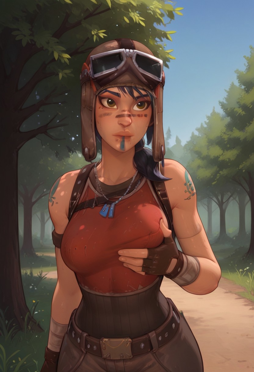 masterpiece,best quality, highly detailed, score_9, score_8_up, score_7_up, score_6_up, 
BREAK, 1girl, Renegade Raider, facepaint, necklace, bandaid on face, helmet, ponytail, standing, park, outdoor, solo, breast grab