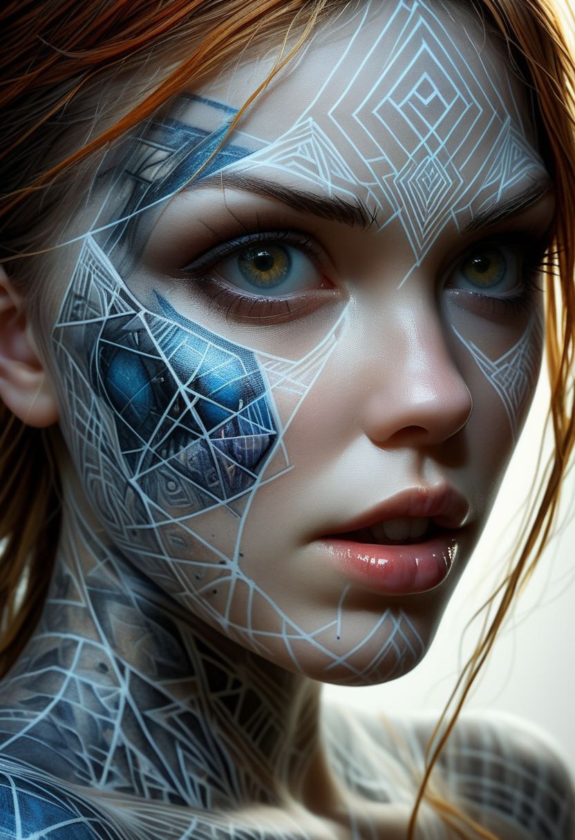 Rune tattoo on girls face, close-up, by Minjae Lee, Carne Griffiths, Emily Kell, Steve McCurry, Geoffroy Thoorens, Aaron Horkey, Jordan Grimmer, Greg Rutkowski, amazing depth, double exposure, surreal, geometric patterns, intricately detailed, bokeh,  perfect balanced, deep fine borders, artistic photorealism , smooth,  great masterwork by Suiras  <lora:add-detail-xl:2>  <lora:Double_Exposure:0.5>