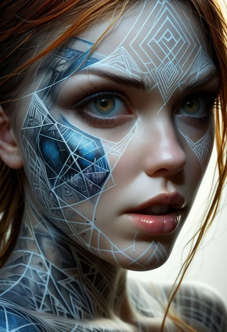 Rune tattoo on girls face, close-up, by Minjae Lee, Carne Griffiths, Emily Kell, Steve McCurry, Geoffroy Thoorens, Aaron Horkey, Jordan Grimmer, Greg Rutkowski, amazing depth, double exposure, surreal, geometric patterns, intricately detailed, bokeh, perfect balanced, deep fine borders, artistic photorealism , smooth, great masterwork by Suiras <lora:add-detail-xl:2> <lora:Double_Exposure:0.5>