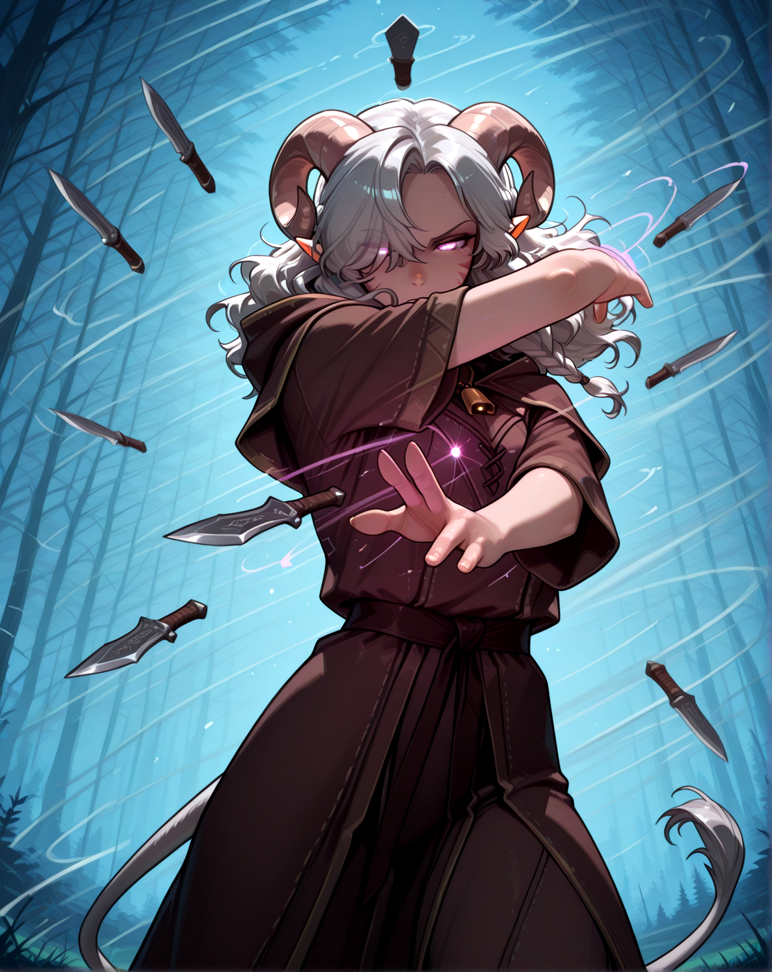 <lora:daggerCloud:1.8>dagger_cloud_(magic), solo, floating dagger,   magic dagger,  dynamic pose, many dagger,   magic, glowing,  spinning dagger, cowboy shot, glowing eyes:0.2 , , floating , from below  
forest ,, masterpiece, best quality,  tiefling, pointy ears, tiefling, silver hair, ivory sheep horn,
<lora:Tiefling_bard_Diana_v2:0.9> red whisker_markings, silver long wavy hair, bell necklace, short pointy ears, purple eyes, tiefling_bard_diana:1.2,   hair over one eye, braid,  
cow tail:1.4,