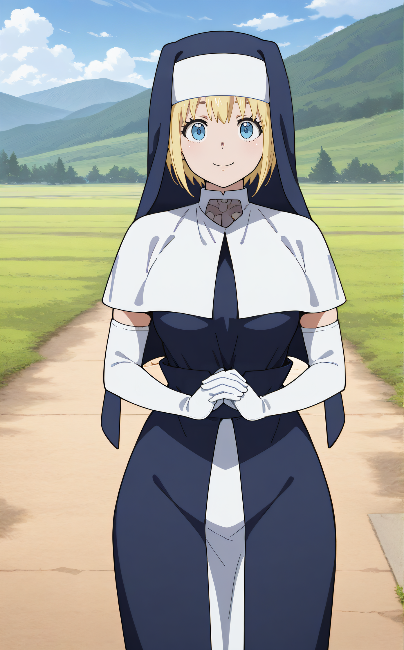 masterpiece, best quality, highres, scenery, newest, 1girl, solo, official style, <lora:IL_Sister_Iris:1>, iris, nun, blue habit, white elbow gloves, smile, outdoor, looking at viewer, cowboy shot, own hands together