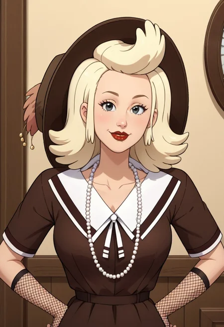 ((room background)),score_9, score_8_up, score_7_up,score_6_up,
1girl, solo, Mona_RS, light skin, black eyes, light blonde hair, voluminous curly hair, raised bangs, red lipstick, long pearl necklace, black long fishnet gloves, vintage dark brown long hat with ornament, dark brown vintage dress with a white V-collar, vintage brown ankle boots, cute, tall stature, social smile, perfect eyes, perfect smile, looking at the viewer, detailed eyes, perfect eyes, standing, big breasts (front pose, front view, bust shot) five fingers, perfect hands, hands on hips