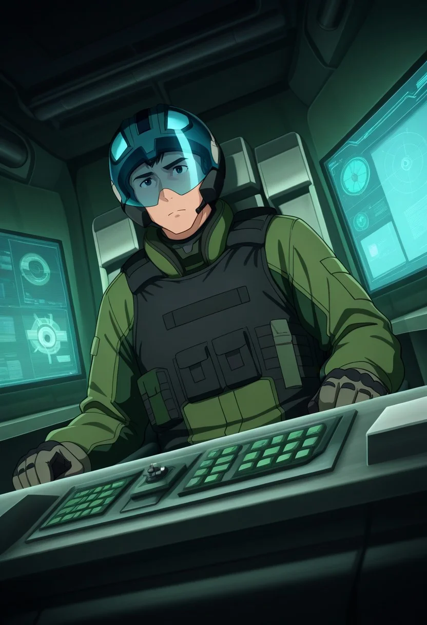 perfect anatomy, perfect proportions, best quality, masterpiece, high_resolution, high quality, best aesthetic, incredibly absurdres, highres, extremely detailed, huge filesize, solo male, adult, mature, masculine, manly, handsome, charming, alluring, standing, upper body, dutch angle, cowboy shot, perfect face, source_anime \(Brave Bang Bravern\), anime coloring \(Brave Bang Bravern\),  BBBSatake, Ryuji Satake, black hair, short hair, black eyes, BBBSatake_outfit04, green pilot jumpsuit, black tactical vest, black pants, black neck guard, grey tactical gloves, black boots, helmet, blue visor, eyes behind visor, (sitting inside a huge industrial mecha cockpit, operator's seat, throttle, joystick, multiple monitor screen), science fiction, multiple monitors, cinematic still, emotional, harmonious, vignette, bokeh, cinemascope, moody, epic, gorgeous, city ruins