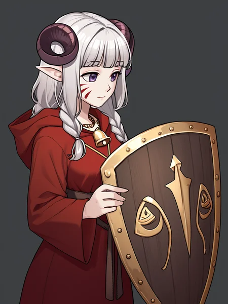 <lora:kite_shield:0.8>(holding kite_shield, kite_shield connected girl's calf, solo, one shield, focus on kite_shield: 1.2), source_furry, score_7_up, rating_safe tiefing, short pointy ears, (a pair of brown sheep Horns that begin at her temples and curve back: 1.5), bangs, long silver hair long wavy hair, pale skin, <lora:whisker_markings:0.8> red whisker_markings purple eyes, <lora:age_slider_v4:0.5> medium breasts, skinny female, <lora:Tieflingnew weird fantasyDND:0.3> Tiefling, cowboy shot, <lora:Smooth Style 2 SDXL_LoRA_Pony Diffusion V6 XL:0.2> bell, brown robe, hood off, <lora:Nanoless_Artist_Style_PonyXL:0.5> gold necklace, simple background, close up, looking at viwer:1.4, boring hands, from side
