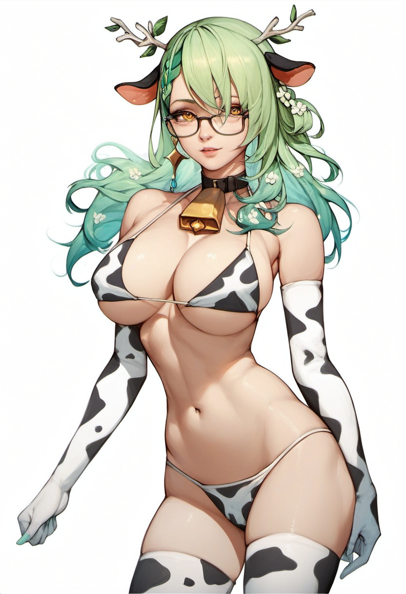 <lora:Ceres_Fauna_for_PonyXL:1>, ceres fauna, cowkini_fauna, looking at viewer, long hair, braid, hair ornament, cleavage, large breasts, simple background, white background, navel, thighhighs, animal ears, cowbell, cow ears, gloves, elbow gloves, glasses, score_9, score_8_up, score_7_up, score_6_up, score_5_up, score_4_up