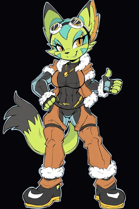 Feminine, intricate, score_9, score_8_up, score_7_up, score_6_up, score_5_up, corazon_tea, big breasts, furry, goggles, brown fur-trimmed jacket, open jacket, black bodysuit, fingerless gloves, fur-trimmed gloves, gold necklace, brown pants, crotchless bottomwear, black-white boots
BREAK
<lora:pony_good_hands:1>, good_hands, better_hands,
BREAK
scene, dark background, black background, outline, <lora:Corazon_Tea:1>