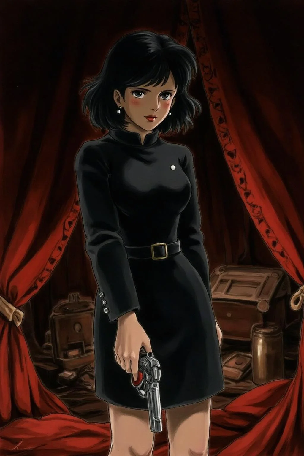 miyaha1 manga illustration a mysterious woman with black wavy hair and piercing eyes stands in the shadows of a dimly lit room. She is holding a small revolver with a delicate yet firm grip. Her red lipstick is the only color that stands out in the darkness, she wear a black dress that accentuates her figure, her intentions unclear but dangerous. <lora:miyaha1_cap_d6a3e12:0.9><lora:818065766931918484:0>