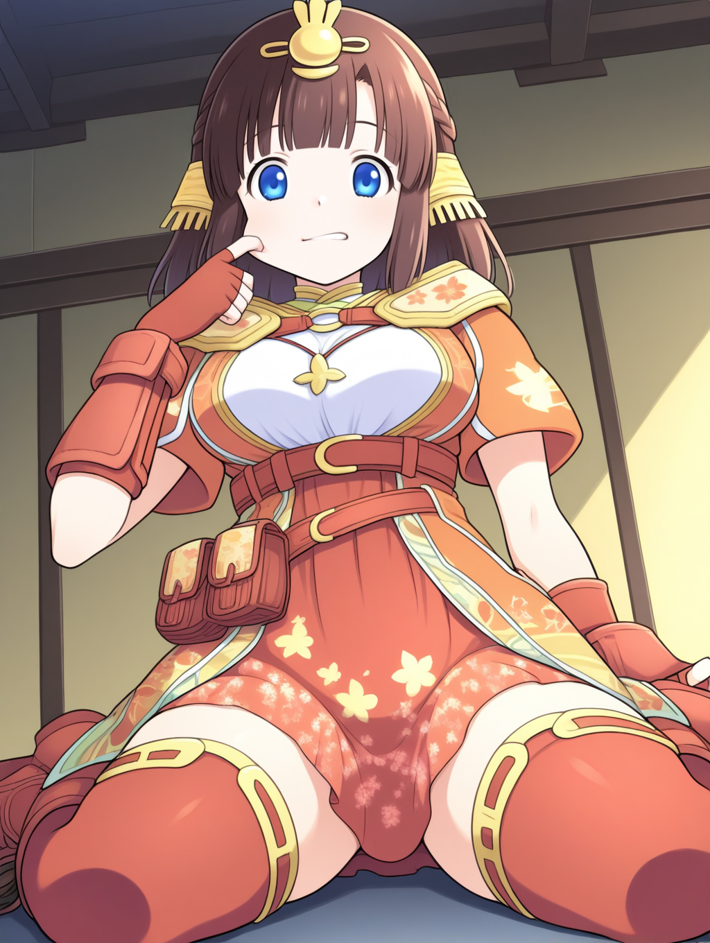 perfect quality,best quality,absolutely eye-catching,ambient occlusion,raytracing BREAK
1girl,<lora:miki hinamaturi IL v1.1:0.8>,hinamaturi,brown hair,medium hair,hair ornament,blue eyes,dress,short dress,fingerless gloves,thighhighs,boots,solo,, from below, looking at viewer,upper_body,standing,cheek_pull,caramelldansen,wariza,